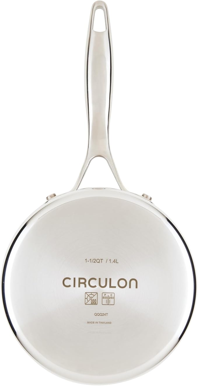 Circulon C1 Series Clad Stainless Steel with ScratchDefense Technology Cookware Nonstick Induction Saucepan with Lid, Metal Utensil Safe, 1.5 Quart - Polished Stainless Steel
