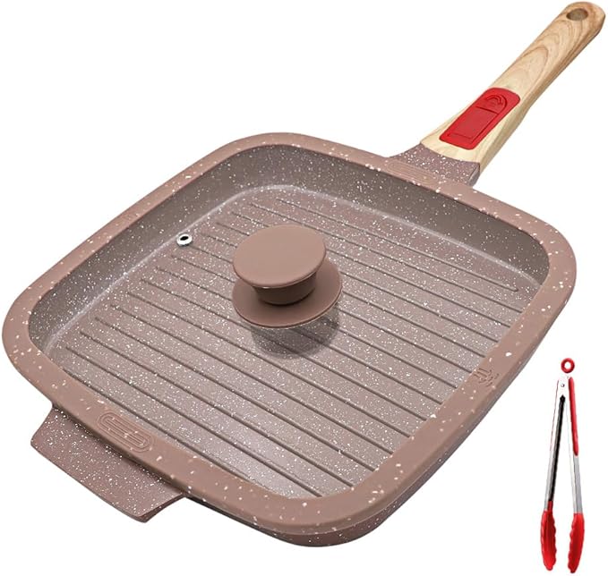 RANX INGST Nonstick Griddle Pan with Lid 10 Inch, Ceramic Coating, Detachable Handle, PFOA Free, Brown