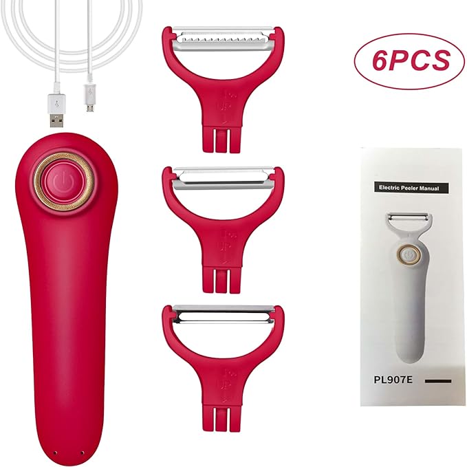 Electric Potato Peeler, Handheld Electric Vegetables and Fruit Peeler 3-in-1 Pro Set, USB Rechargeable Kitchen Gadgets for Apples, Potato, Carrots, Cucumber (Red)