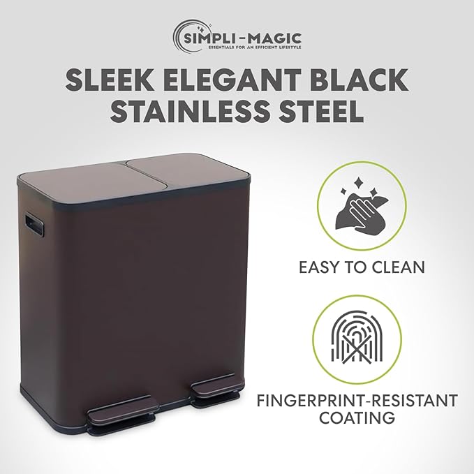 Simpli-Magic 70 Liter / 18.5 Gallon Rectangular Hands-Free Dual Compartment Recycling Kitchen Step Trash Can with Soft-Close Single Lid, Stainless Steel (40L x 30L Capacity), Brown
