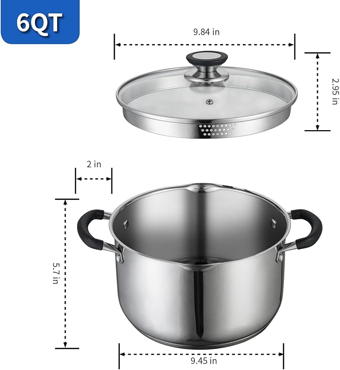 SLOTTET 6 Quart Stainless Steel Stock Pot with Strainer Glass Lid,6 Qt Soup Pot Multipurpose Stockpot with Pour Spout,Stay-cool silicone Handle.