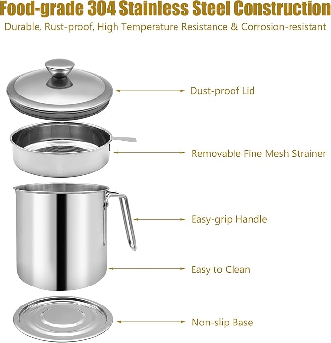 Bacon Grease Container With Strainer, 1.3L Grease Strainer and Container with Dust-Proof Lid, 304 Stainless Steel Oil Filter Storage with Fine Mesh 1.3L