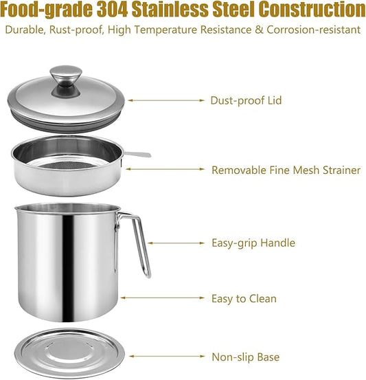 Bacon Grease Container With Strainer, 1.3L Grease Strainer and Container with Dust-Proof Lid, 304 Stainless Steel Oil Filter Storage with Fine Mesh 1.3L