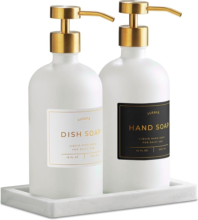 Lotion, Hand & Dish Soap Dispenser for Kitchen & Bathroom | Soap Dispenser Set of 2 16.8 Oz Glass Bottles with Stainless Steel Pump, 15 Water Proof Labels & Silicon Tray (White/Gold)