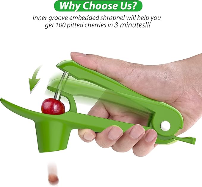Cherry Pitter - Ordekcity Stainless Steel Cherries Corer Pitter Tool with Hand-held Push Design, Save Time & Space for Making Cherry Jam with Lock Design(Green)