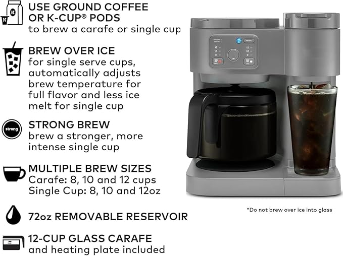 K-Duo Essentials Coffee Maker for Hot and Iced Drinks, Single Serve KCup Pod Brewer and 12 Cup Carafe Drip Coffee Pot, 72 oz Water Reservoir, Perfect for Home & Office (Gray)
