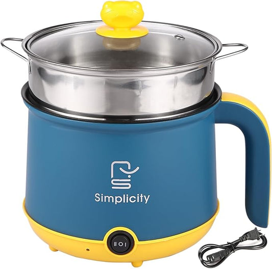 Electric Hot Pot with Steamer 1.8L/55oz, Stainless Steel Non-Stick Ramen Pasta Cooker,Portable Travel Cooker Quick Cook Multi-Functional Electric Skillet for Egg Soup Porridge