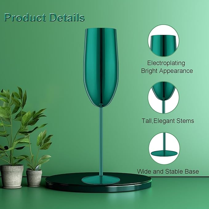 Stainless Steel Champagne Flutes Set of 4-Wedding &Birthday Gifts,8.5 Oz Unbreakable Champagne Glass with Long Stem,Reusable Indoor Outdoor Drinkware (Green)