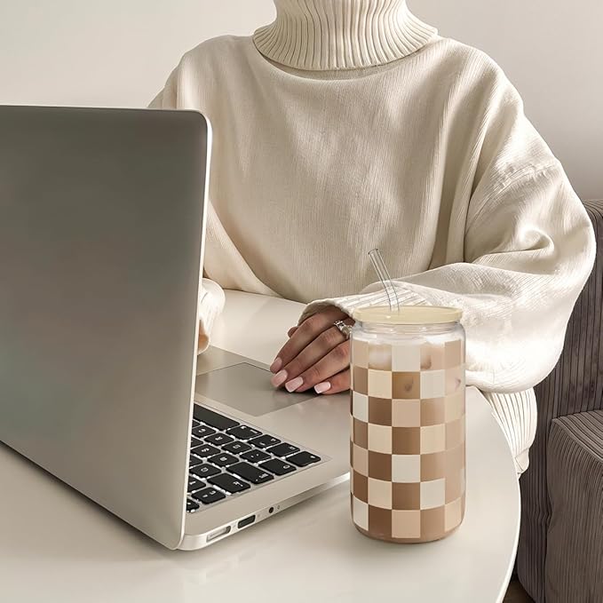 Checkerboard Glass Can, Beige Checker Cup with Lid & Straw, Iced Coffee Aesthetic Cups, Gift for Christmas Birthday Mother Day, Gifts for Women, 16oz