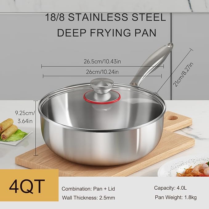 YeKuKing Tri-ply Stainless Steel Saute Pan 4-Quart with Clear Lid Deep Frying Pan for Chef's Cooking Wok Induction Oven Dishwasher Safe, Compatible with All Cooktops(Detachable Handle,10 Inch)