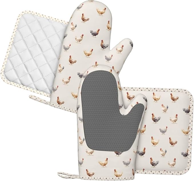 Oven Mitts and Pot Holders Chicken Pattern Silicone Kitchen Accessories Set of 4 Heat Resistant Long Gloves Potholder Non-Slip Grip for Chef Cooking Baking Grilling BBQ