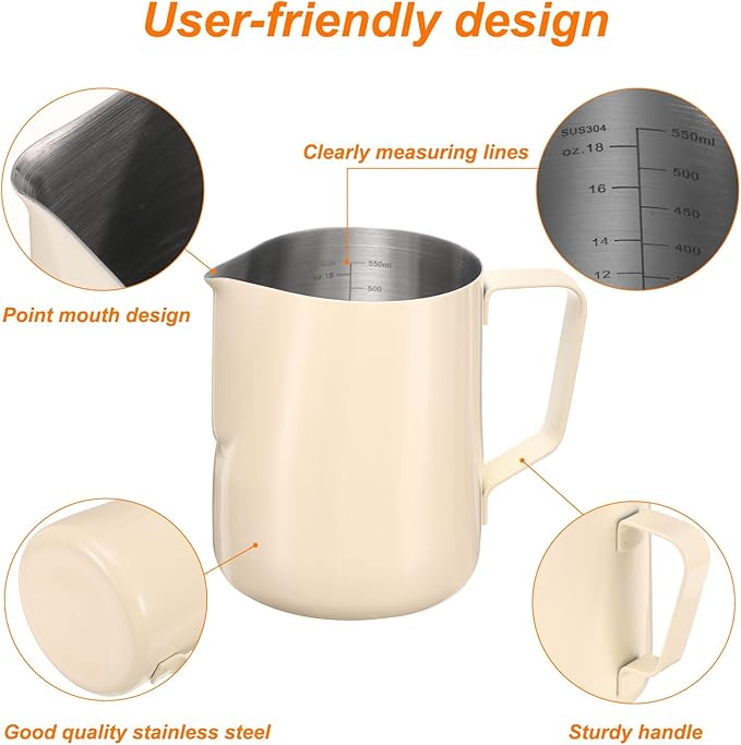 uxcell Milk Frothing Pitcher, 21oz / 600ml Stainless Steel Milk Frother Cup with Scale for Milk Steaming Pitcher Latte Art Cappuccino Coffee Espresso Accessories Tool, Beige