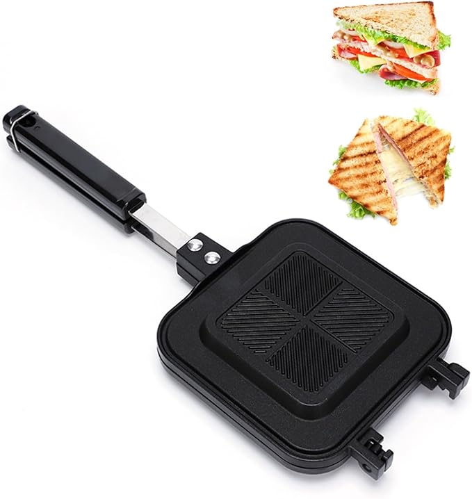Hot Sandwich Panini Maker with Handle, NonStick Double Sided Frying Pan Grilled Sandwich Maker, Stovetop Toasted Sandwich Press for Home, Kitchen, Breakfast