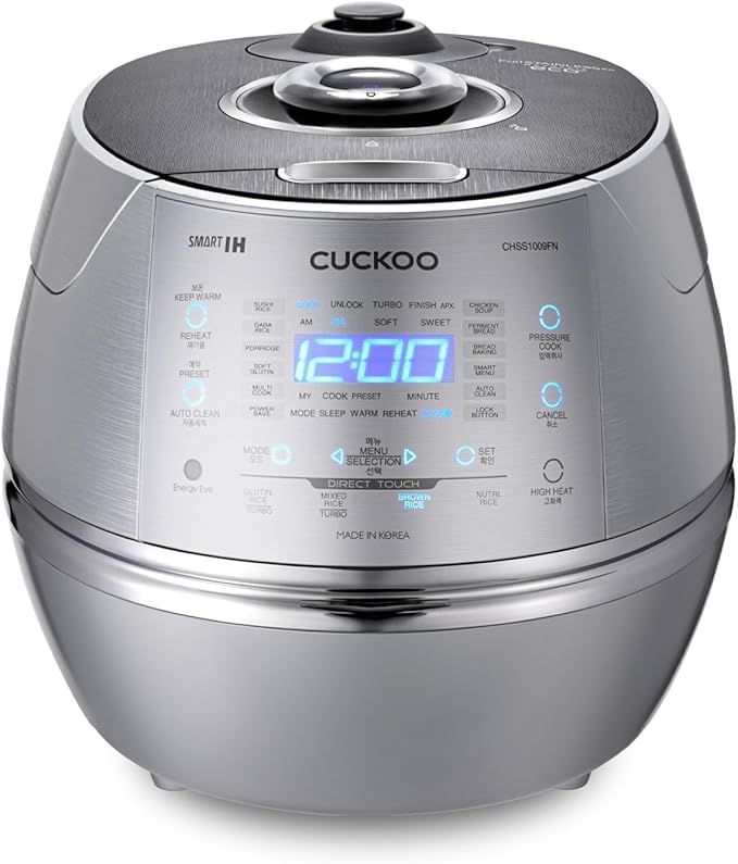 CUCKOO High Pressure Rice Cooker 10-Cup Uncooked / 20-Cup Cooked with Induction Heating Technology, Large Rice Maker with 17 Menu Options and Steam Plate, Voice Guide, Silver (CRP-CHSS1009FN)