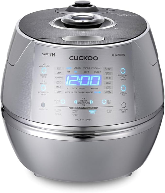 CUCKOO High Pressure Rice Cooker 10-Cup Uncooked / 20-Cup Cooked with Induction Heating Technology, Large Rice Maker with 17 Menu Options and Steam Plate, Voice Guide, Silver (CRP-CHSS1009FN)