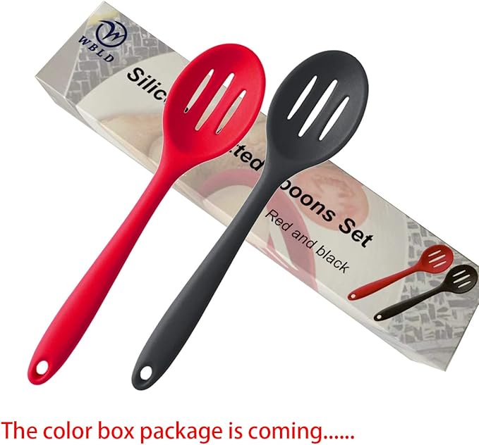 Silicone Nonstick Slotted Spoons Set 2,High Heat Resistant, Hygienic Design Cooking Baking Spoons Set for Cooking Stirring, Mixing and Serving,Red and Black with Color Box