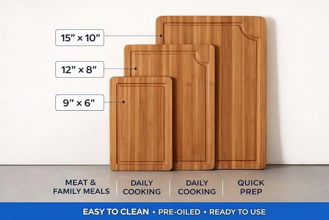 ELITE BLACKSMITH Bamboo Cutting Board Set of 3 – Crack Resistant, Eco-Friendly Cutting Boards with Deep Juice Grooves & Handles – Heavy-Duty Butcher Block for Meat, Charcuterie Board