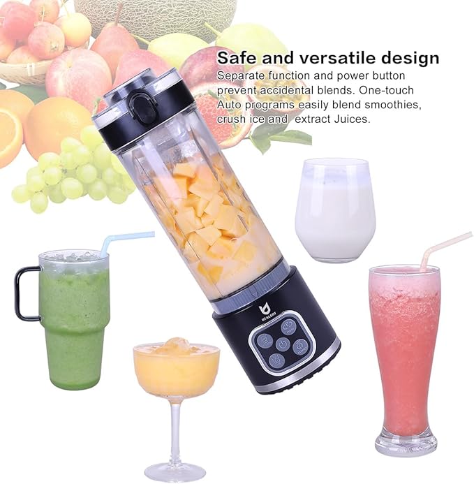 UTALENT Cordless Portable Blender, 25 oz removable Vessel, Powerful Personal Blender, For-Smoothies, Ice Crush, 4 Programs, Leakproof-Lid & Sip Spout, USB-C Rechargeable, Dishwasher Safe Parts, Black