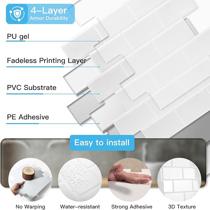 Art3d Peel and Stick Backsplash Tiles – 12"x12" White Washed Thicker Design, Self-Adhesive Wall Tile for Kitchen & Bathroom