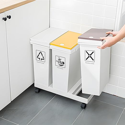 20L x 3 Compartment Trash Can with Wheels, 16 Gallon Recycling Bin and Rolling Garbage Can for Kitchen, Mobile Waste Separation System with Press-Open Lids & Detachable Containers for Home & Office