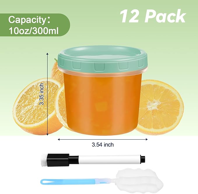 12 Piece 10 oz Plastic Food Storage Containers with Lids, Reusable Freezer Storage Containers, Small Meal Prep Containers with Pen and Brush, BPA-Free, Screw Top, Microwave & Dishwasher Safe