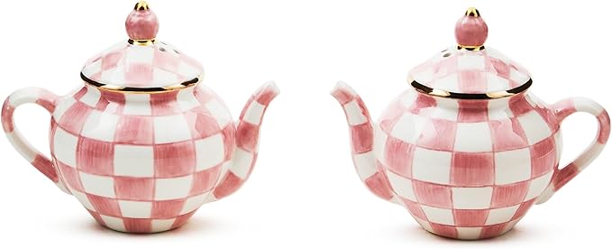 MACKENZIE-CHILDS Teapot Salt and Pepper Shaker Set, Ceramic Salt and Pepper Holders, Pink-and-White Rosy Check