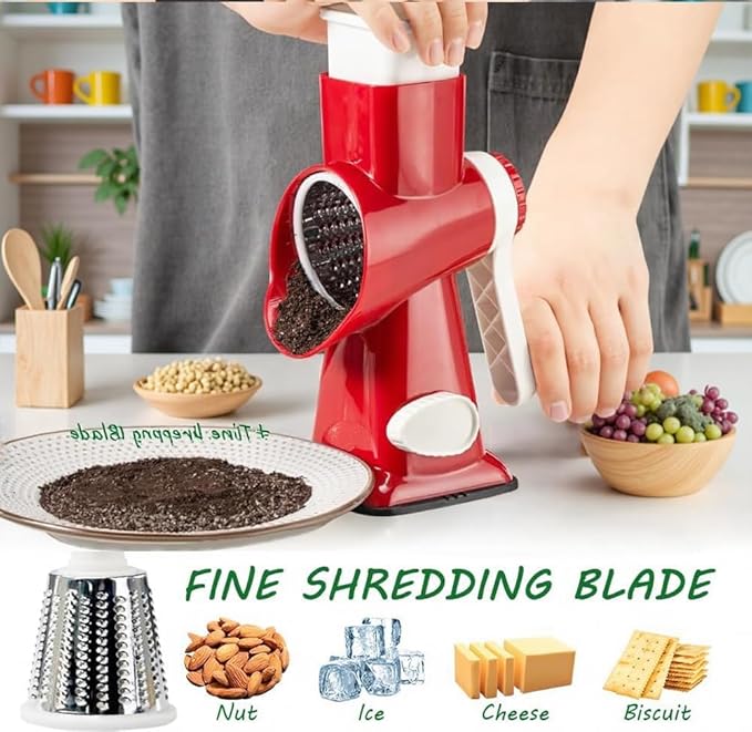 Cheese Grater with Handle, Multifunctional Manual Rotary Cheese Grater - Cheese Shredder Easily Chop Carrots, Potatoes, Vegetables and Fruits and Easy to Clean(red)