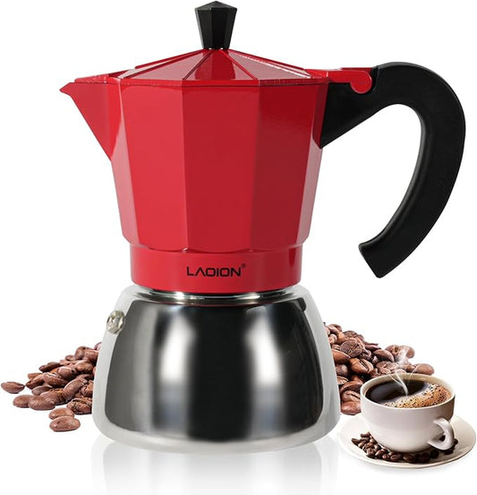 LAOION Stovetop Espresso Maker, 6Cup Moka Pot, Espresso Machine Compatible with Induction Cooktops, 300ml Stainless Steel & Aluminum Cuban Coffee Maker for Cafetera Cubana, Red