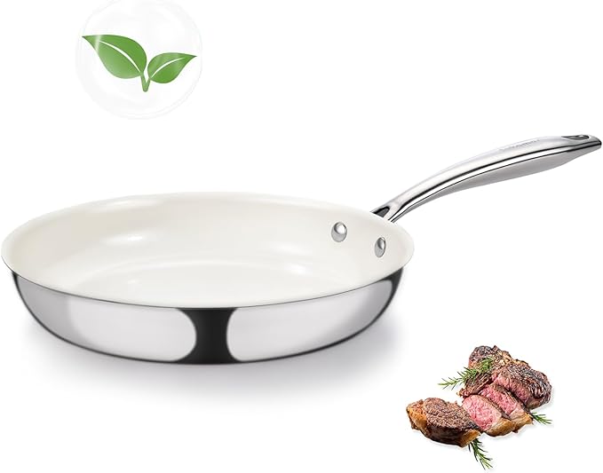 SAKAMOSH 8" Tri-Ply Stainless Steel Frying Pan, Nonstick Ceramic Pan, Skillet with Stay-Cool Handle, Non Toxic, PFAS PFOA PTFE Free, Dishwasher & Oven Safe, Induction, Compatible with All Cooktops
