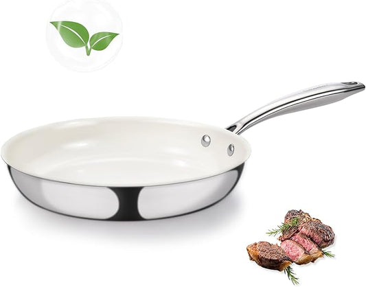 SAKAMOSH 8" Tri-Ply Stainless Steel Frying Pan, Nonstick Ceramic Pan, Skillet with Stay-Cool Handle, Non Toxic, PFAS PFOA PTFE Free, Dishwasher & Oven Safe, Induction, Compatible with All Cooktops