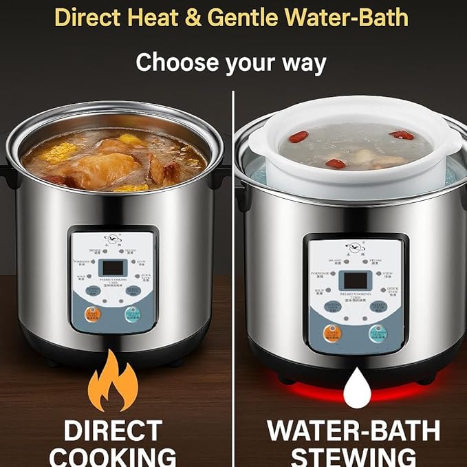YONGXING 9L Electric Stew Cooker with Ceramic Water-Bath Insert, Stainless Steel Inner Pot, Dual Cooking Modes, 24H Timer, 7-Level Keep Warm, Slow Soup Maker for Home Restaurant, DYG-35AF