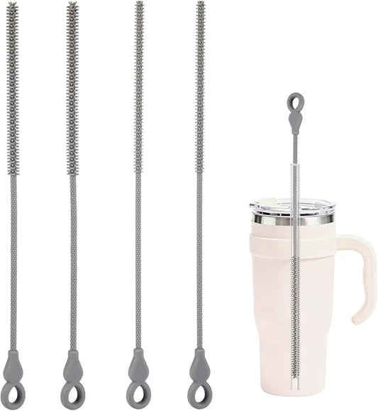 Silicone Straw Cleaner Brush, 4-Piece Reusable Straw Brush Set with Extra-Long Design for Cleaning Thin Metal Straws and Wider Milkshake Straws （6mm+9mm Gray)
