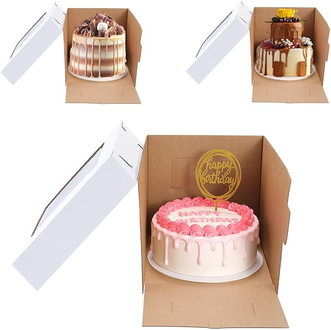 Huoshange Tall Cake Boxes for Tier Cakes,8X8X10 Inch [4Pack ] Thick Sturdy Cake Box with Window,White Cake Carrier, Disposable Cake Containers
