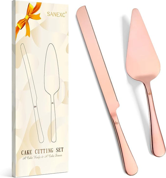 SANEXC Cake Cutting Set for Wedding - Extended Cake Knife And Server Set Thickened Stainless Steel Cake Cutter and Pie Spatula Great for Birthday Anniversary Christmas Gift Rose Gold 2 Pcs