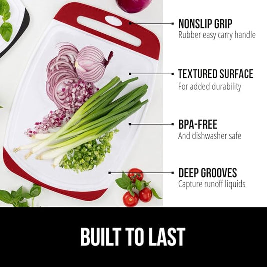 GORILLA GRIP BPA-Free Reversible Kitchen Cutting Board Set of 3, US Designed, Nonporous, Juice Grooves Catch Liquid, Slip Resistant Border, Dishwasher Safe, Durable Large Food Chopping Boards, Red