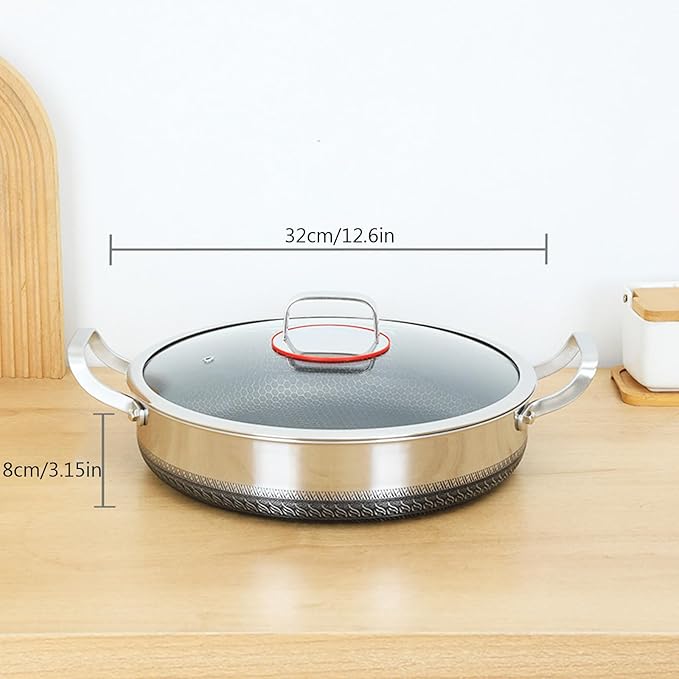 STEHEMO Hybrid Stainless Steel Saute Pan with Lid, Non Stick Frying Pans, Induction Large Skillet, Cooker Pan for Chefs, Dishwasher & Oven Safe,12.6IN