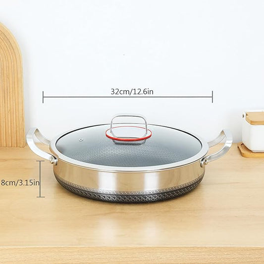 STEHEMO Hybrid Stainless Steel Saute Pan with Lid, Non Stick Frying Pans, Induction Large Skillet, Cooker Pan for Chefs, Dishwasher & Oven Safe,12.6IN
