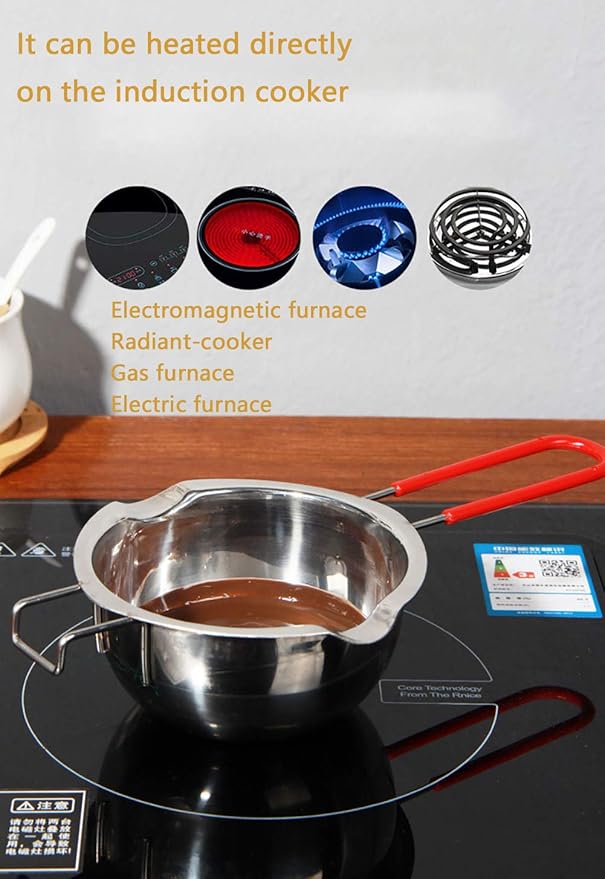 Stainless Steel Double Boiler Pot, 600ML Updated Melting Pot with Silicone Spatula for Melting Butter,Chocolate, Candy, Cheese and Caramel (Red)