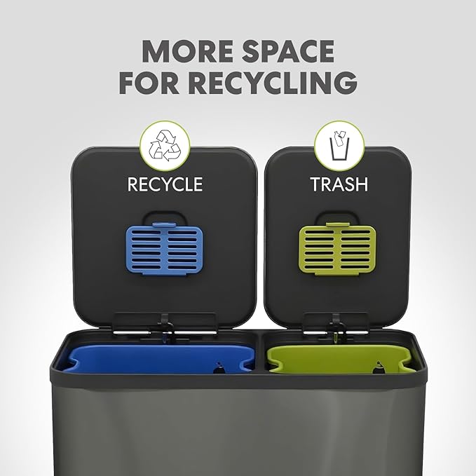 Simpli-Magic 70 Liter / 18.5 Gallon Rectangular Hands-Free Dual Compartment Recycling Kitchen Step Trash Can with Soft-Close Single Lid, Stainless Steel (40L x 30L Capacity) Elegant Black Finish
