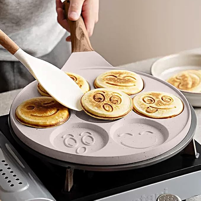 Pancake Pan Induction for Kids, Pancake Shapes Pan, Mini Pancakes Maker Nonstick Pancake Griddle 7 Holes Smiley Face Pancake Mold for Breakfast, 10 Inch (White)