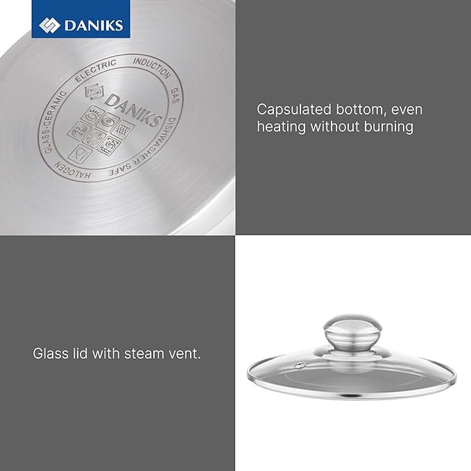 Daniks Classic 2 Quart Stainless Steel Stock Pot with Glass Lid, Tri-Ply Bottom for Even Heating, Induction Compatible, Dishwasher Safe