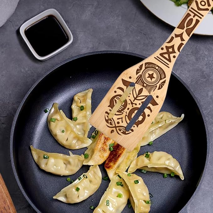 Ancient Totem Retro style Gift Idea Cooking Serving Utensils Natural Bamboo Kitchen House Warming Presents Slotted Wooden Spoons for Cooking Utensils Set of 5…
