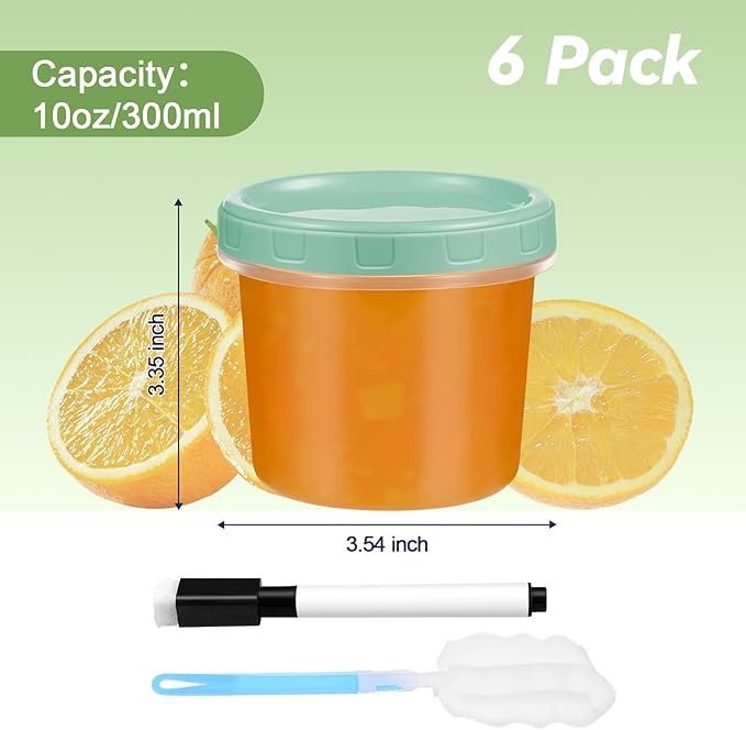 6 Piece 10 oz Plastic Food Storage Containers with Lids, Reusable Freezer Storage Containers, Small Meal Prep Containers with Pen and Brush, BPA-Free, Screw Top, Microwave & Dishwasher Safe