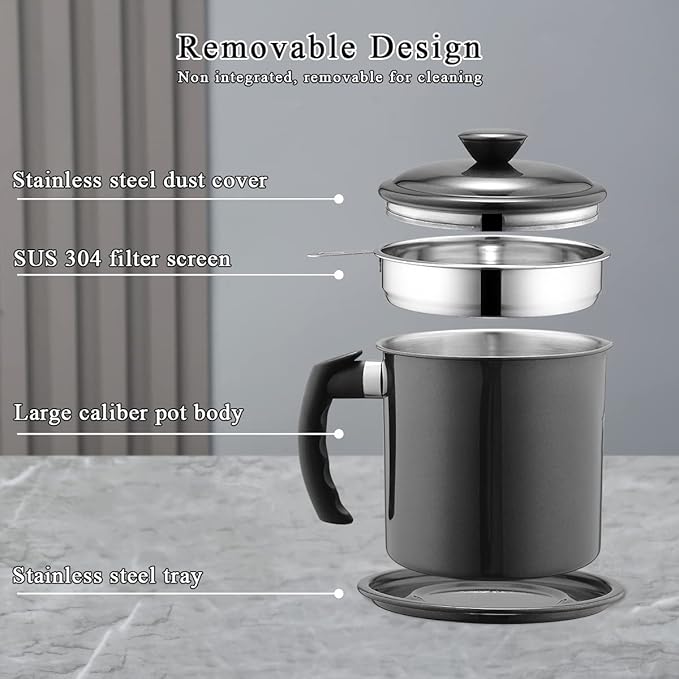 Berglander Black Bacon Grease Container With Strainer 47oz/1.4L, Stainless Steel Oil Storage Container with Fine Mesh Strainer Dust-proof for Storing Frying Oil and Cooking Fat, Cooker Accessories