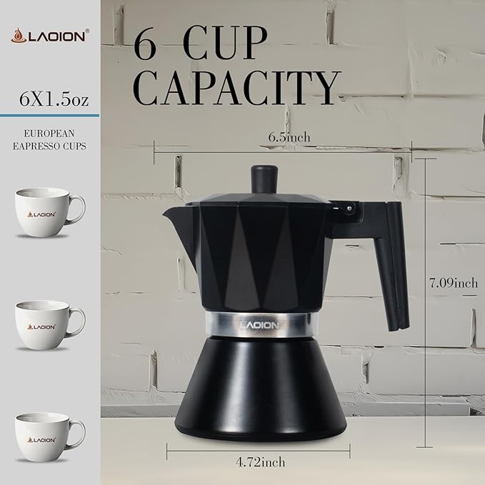 LAOION Moka Pot, 6-Cup Espresso Maker, 300ml Portable Stovetop Espresso Maker, Percolator Coffee Pot Compatible with Induction Cooktops, Suitable for Home and Camping (Black)