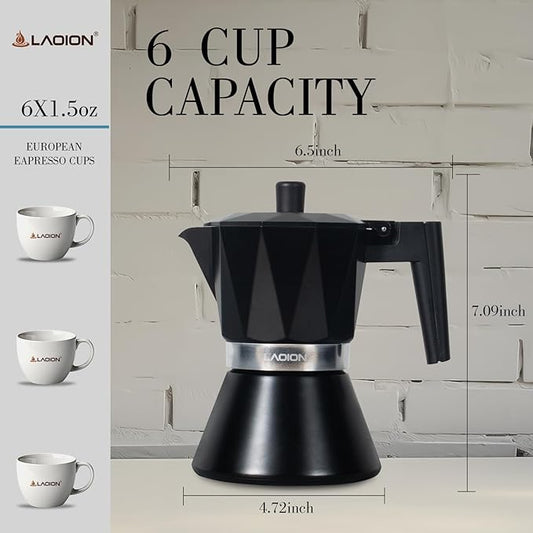 LAOION Moka Pot, 6-Cup Espresso Maker, 300ml Portable Stovetop Espresso Maker, Percolator Coffee Pot Compatible with Induction Cooktops, Suitable for Home and Camping (Black)