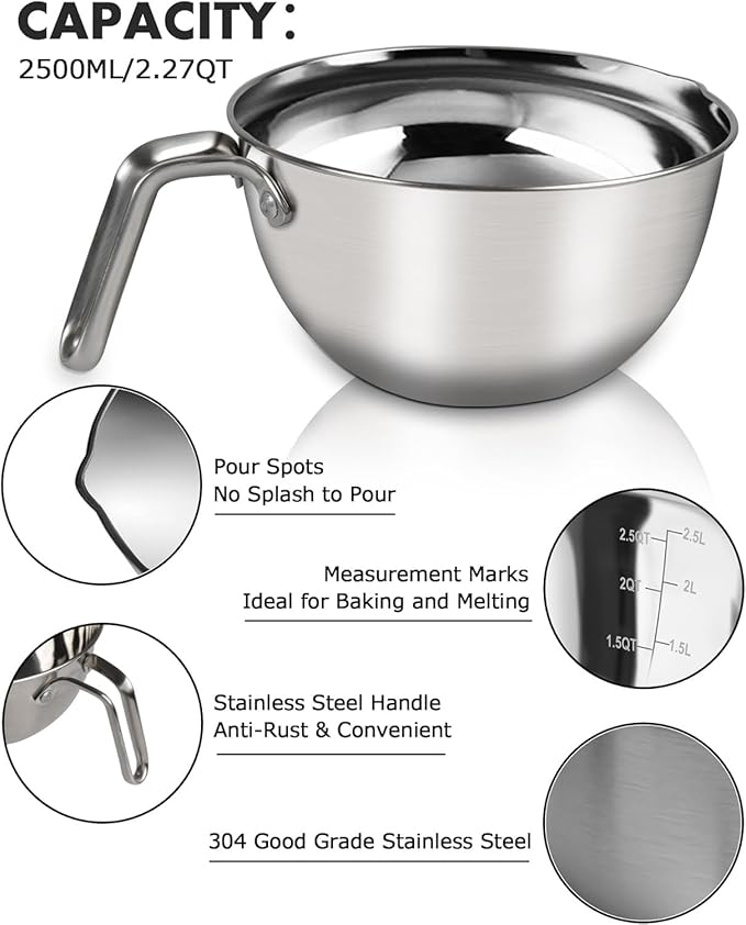 Marsheepy Double Boiler Pot Set, 2500ML（2.3QT） Mixing Bowl for Chocolate Melting, 4000ML（3.63QT） Stainless Steel Pot With Silicone Spatula for Melting Chocolate, Candy, Candle, Soap, Wax