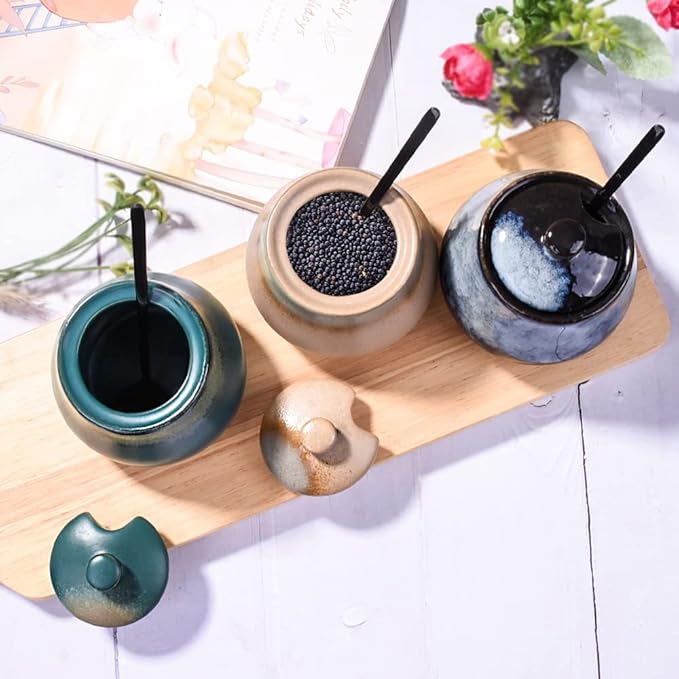 Green Ceramic Sugar Bowls with Spoon Porcelain Salt Container with Lid for Home and Kitchen