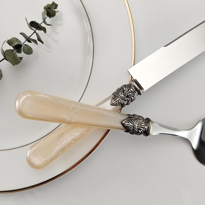 CATHYLIN Wedding Cake Knife and Serve Set, Fancy Hand Craft Italian Style Design, Pearl Pie Knife Server Set, Vintage Silverware,Cake Cutter Set, Cake Knife Gift Set, 2 pcs (champagne)