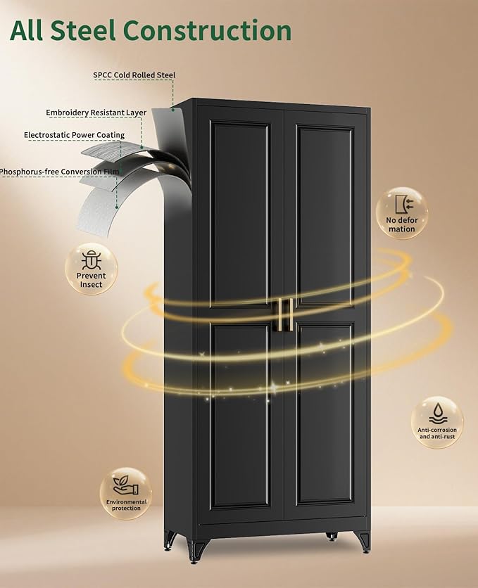 Metal Garage Storage Cabinet with 2 Doors and 4 Shelves,74.8 Kitchen Pantry Cabinet with Anti-Tip Kit & Adjustable Feet, Tall File Tool Cabinets for Office,Home,Garage,Gym
